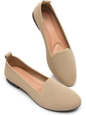 Women's Beige Mesh Slip on Loafers Soft Memory Foam Casual Flats Dress Shoes